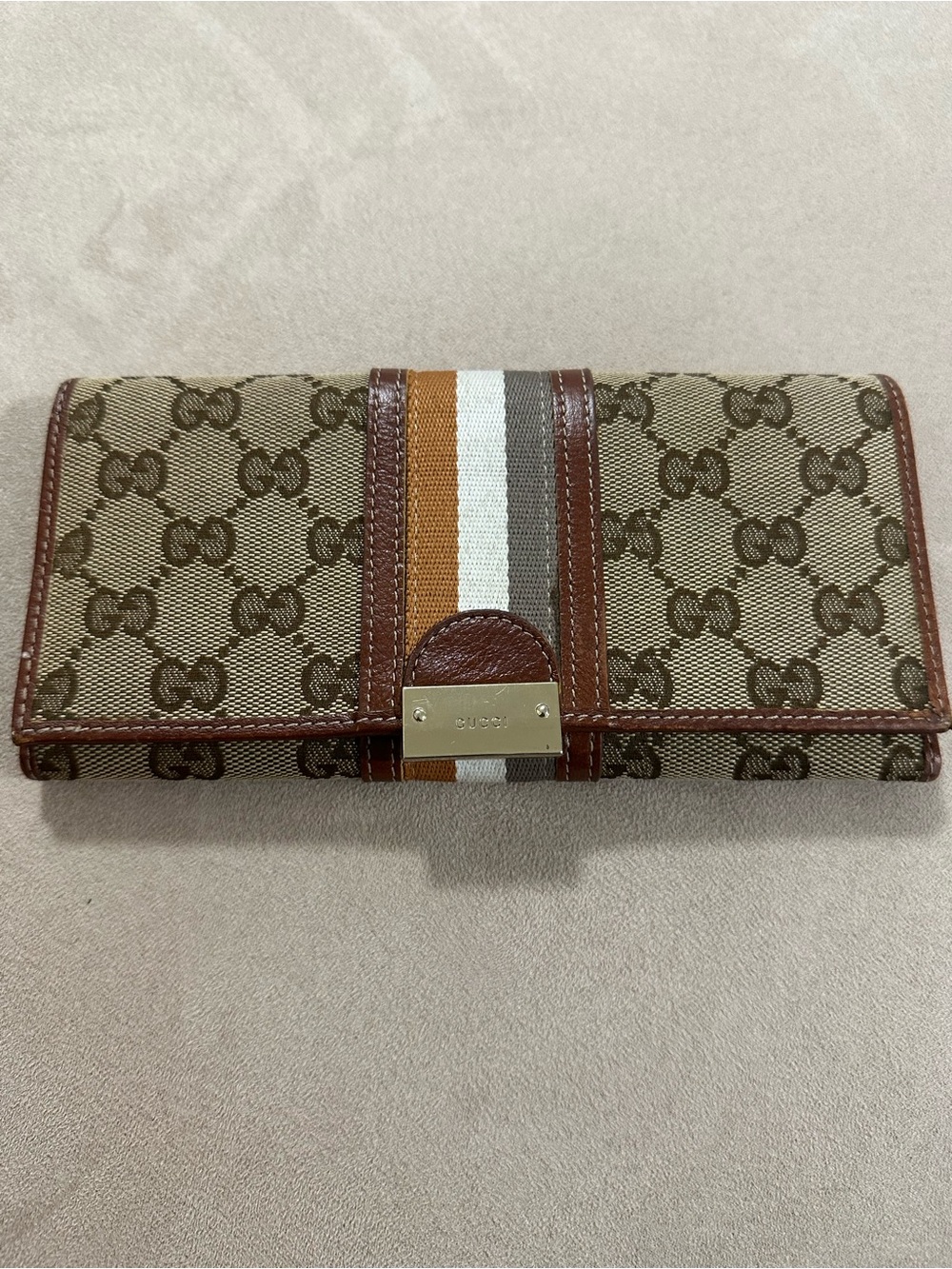 Gucci Beige and Brown GG Canvas Continental Wallet with Tricolor Stripe